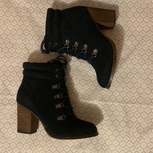 Navy Blue Suede Combat Boots 2 in Heel. Size 8M.